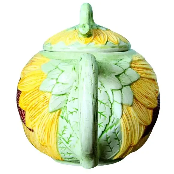 Vintage Seymour Mann Sunflower Teapot Hand Painted Faience Yellow Green Ceramic - Picture 7 of 10